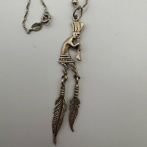 Vintage Boho Southwestern Necklace, Kokopelli flute man with feathers, 16” chain